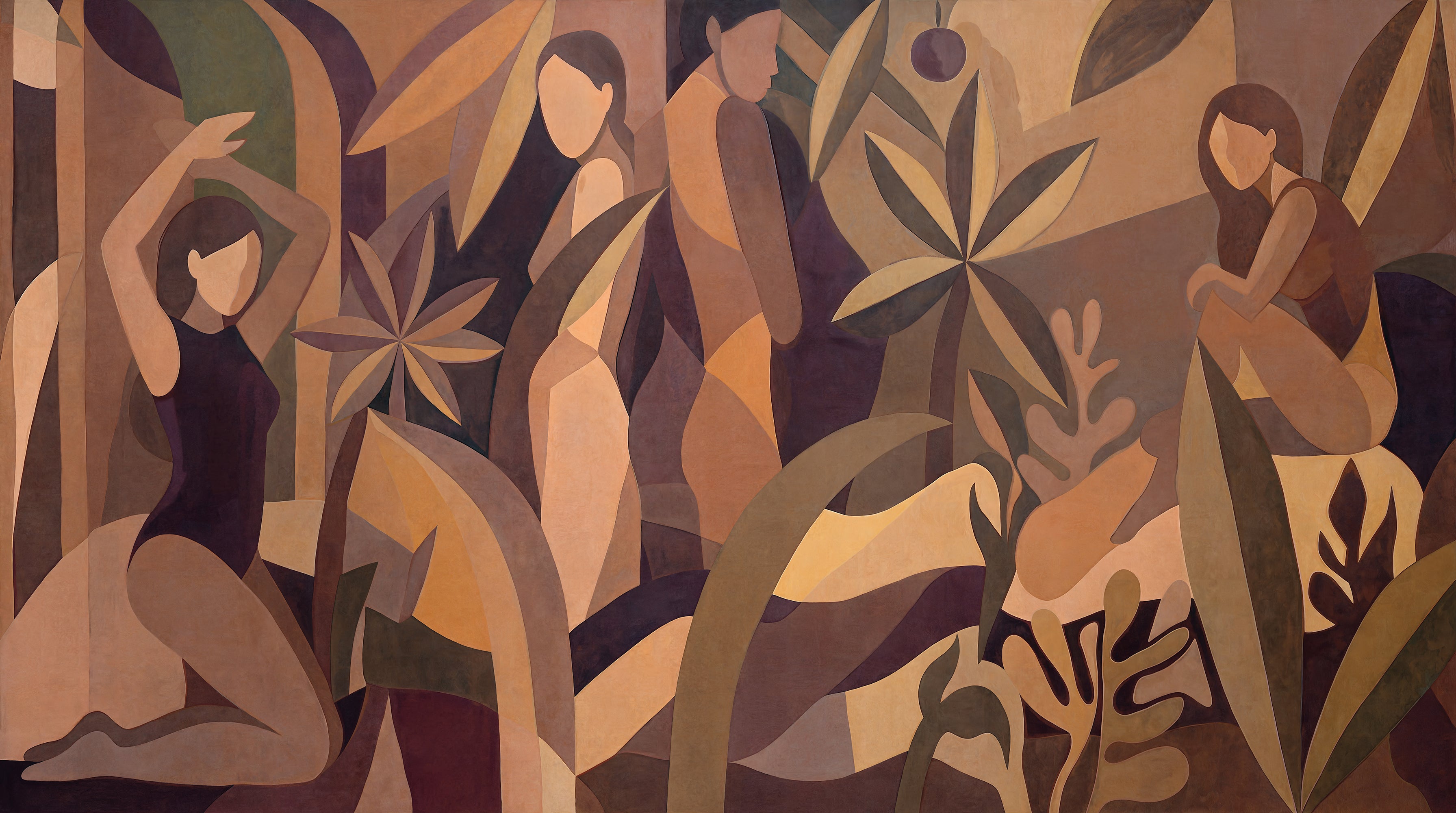 Artistic depiction of women in a natural setting with plants