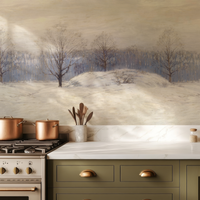 Kitchen with green cabinets and white countertop, featuring a winter landscape mural on the wall.