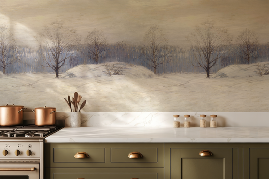 Kitchen with green cabinets and white countertop, featuring a winter landscape mural on the wall.