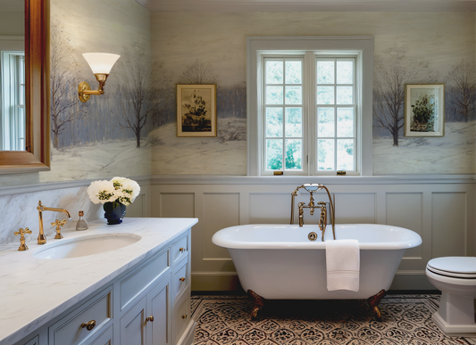 Bathroom with freestanding bathtub, sink, and window