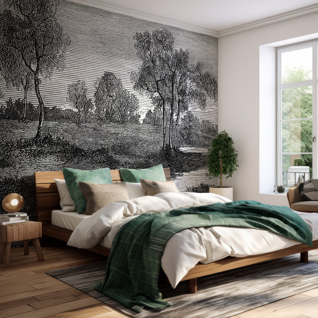 Papier Peint Panoramique Vintage Gravure Rivière - Removable Vinyl (Peel & Stick)