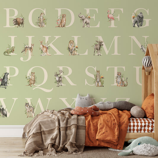 Animal Alphabet Green in Kid's Bedroom with Autumn Colored Bed