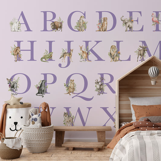 Animal Alphabet Lilac in Children's Room With Teddy Bears and Wooden Bed Frame