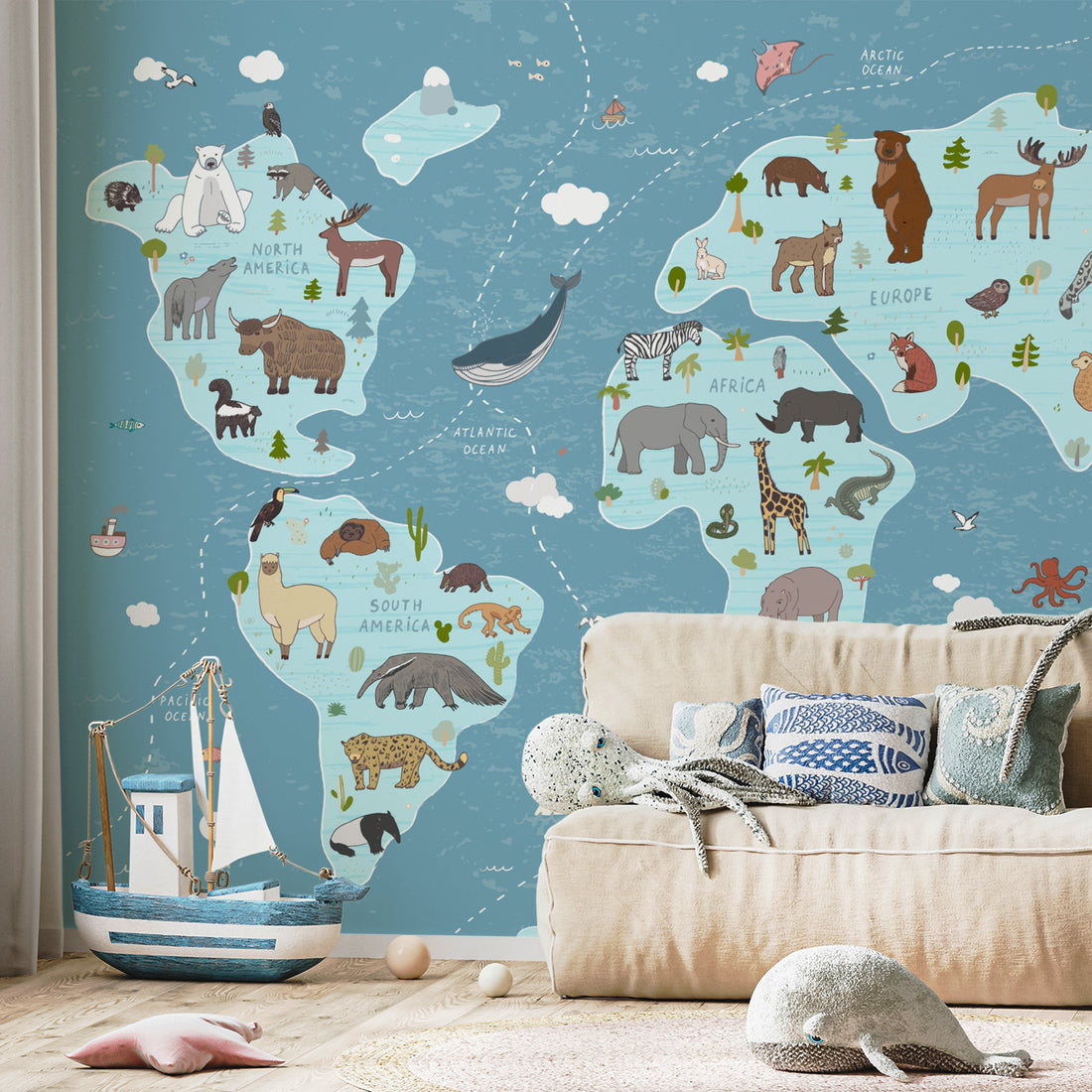 Carte du Monde Bleu des Animaux Papier Peint Panoramique - Removable Wallpaper (Peel & Stick)
