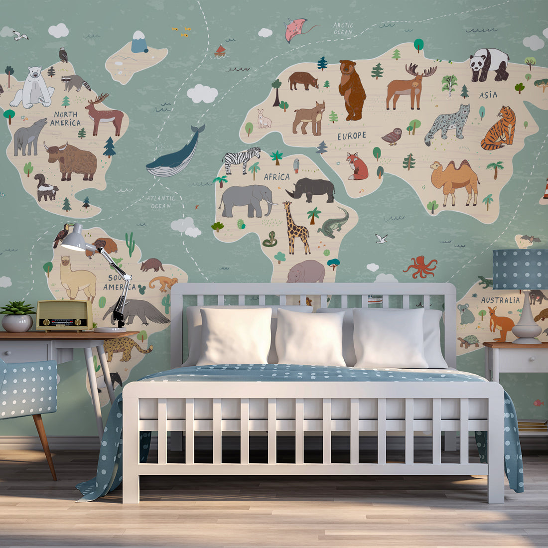 Carte du Monde Vert des Animaux Papier Peint Panoramique - Removable Wallpaper (Peel & Stick)