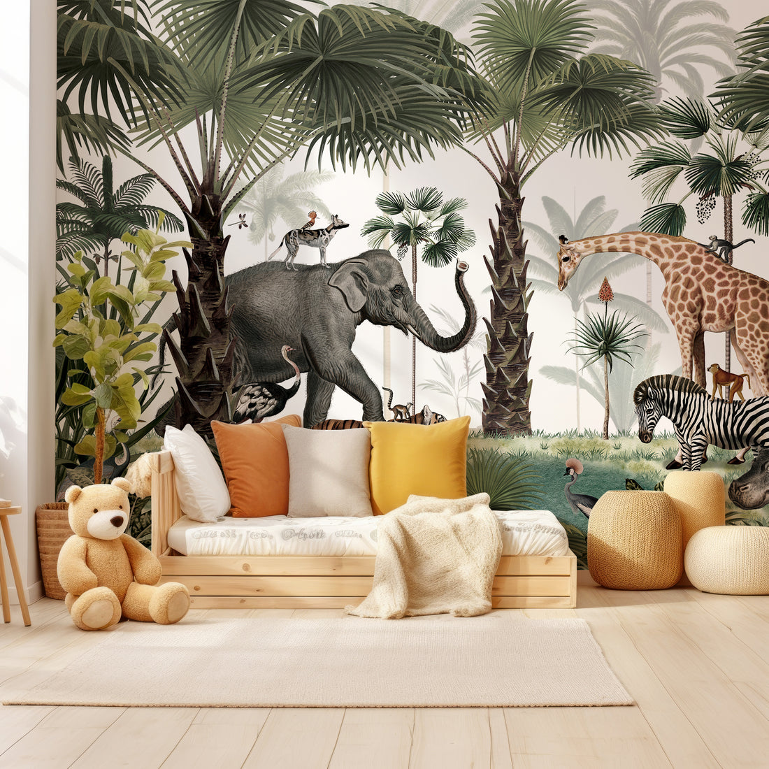 Papier Peint Enfant Aquarelle Verte Animaux de la Jungle - Removable Wallpaper (Peel & Stick)