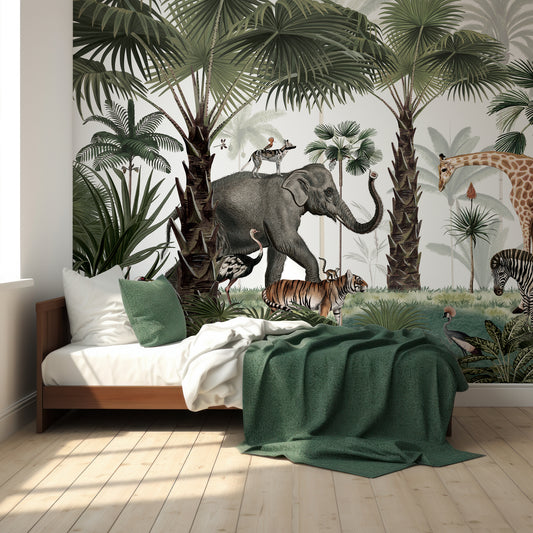 Animal Kingdom Wallpaper In Children's Bedroom With Wooden Bed and White And Dark Green Blankets