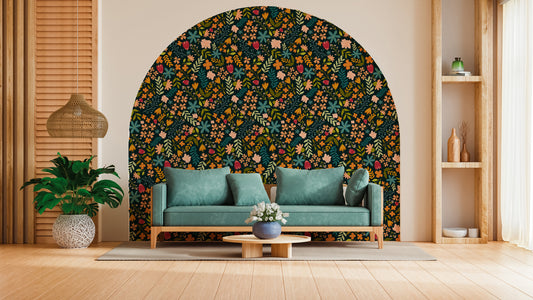 Anthea Navy Wallpaper in a Arch Alcove with a Green Sofa in a Modern Living Room