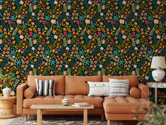 Anthea Navy Wallpaper with a Leather Brown Sofa in a Cosy Living Room