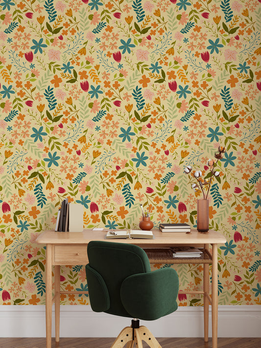 Anthea Wallpaper with a Wooden Desk and a Green Office Chair