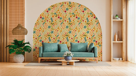 Anthea Wallpaper in a Arch Alcove with a Green Sofa in a Modern Living Room