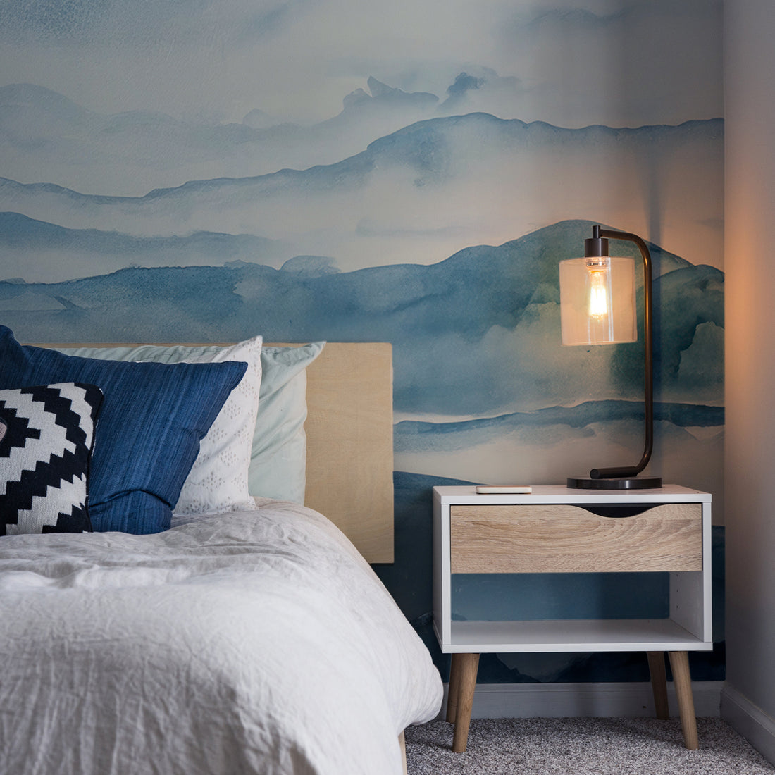 Papier Peint Panoramique Aquarelle Montagnes Bleues - Removable Vinyl (Peel & Stick)