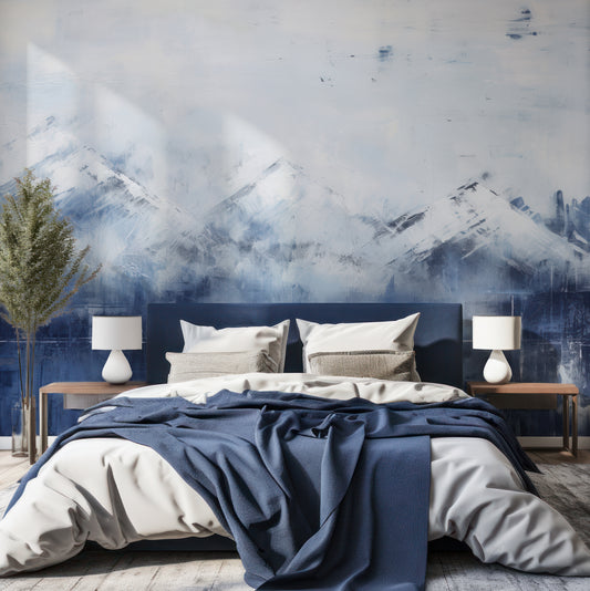 Arctic Serenity Wallpaper In Bedroom With Navy Blue Bed And Large Green Plant