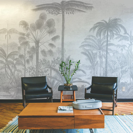 Arthur Grise Etched Tropical Trees Wallpaper In Office Waiting Room With Black Leather Chairs And Wooden Table
