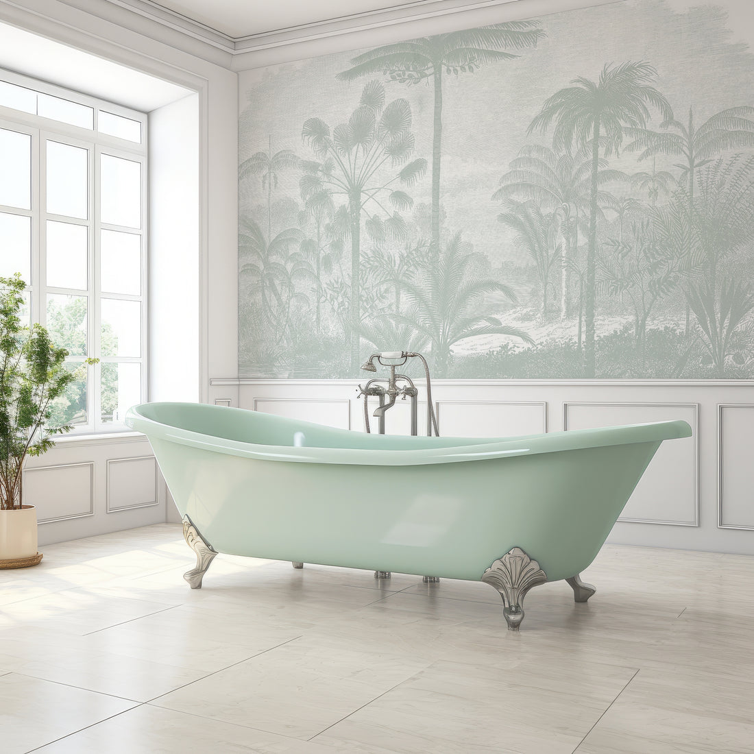 Papier Peint Gravure Tropicale Vintage Verte - Removable Vinyl (Peel & Stick)