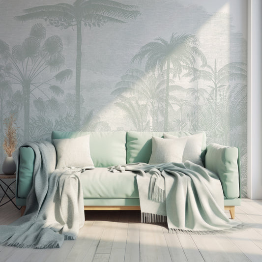 Arthur Sage Wallpaper In Living Room With Light Mint Green Sofa, Cushions And Blankets