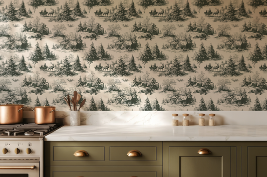 Kitchen with green cabinetry, white countertop, and forest-themed wallpaper.