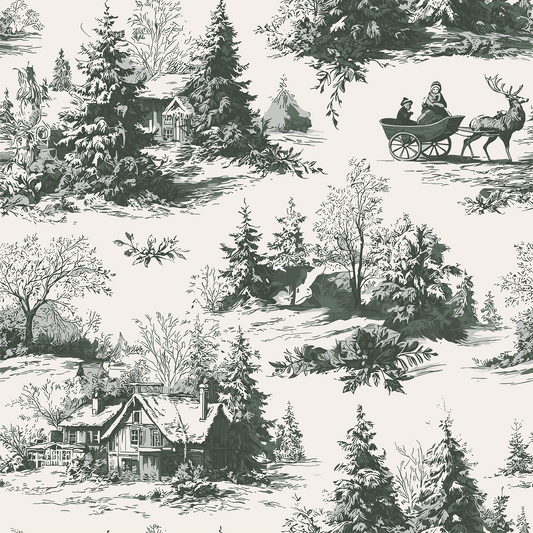 Dark green pattern of a winter landscape with houses, trees, and people in a sleigh.