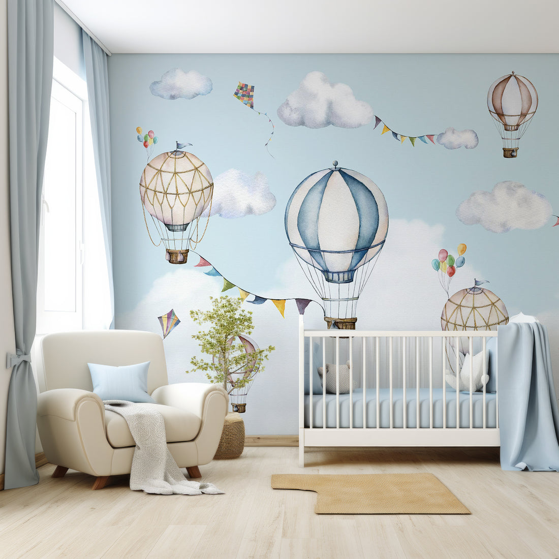 Papier Peint Panoramique Azuré Aquarelle Montgolfières pour Enfants - Removable Wallpaper (Peel & Stick)