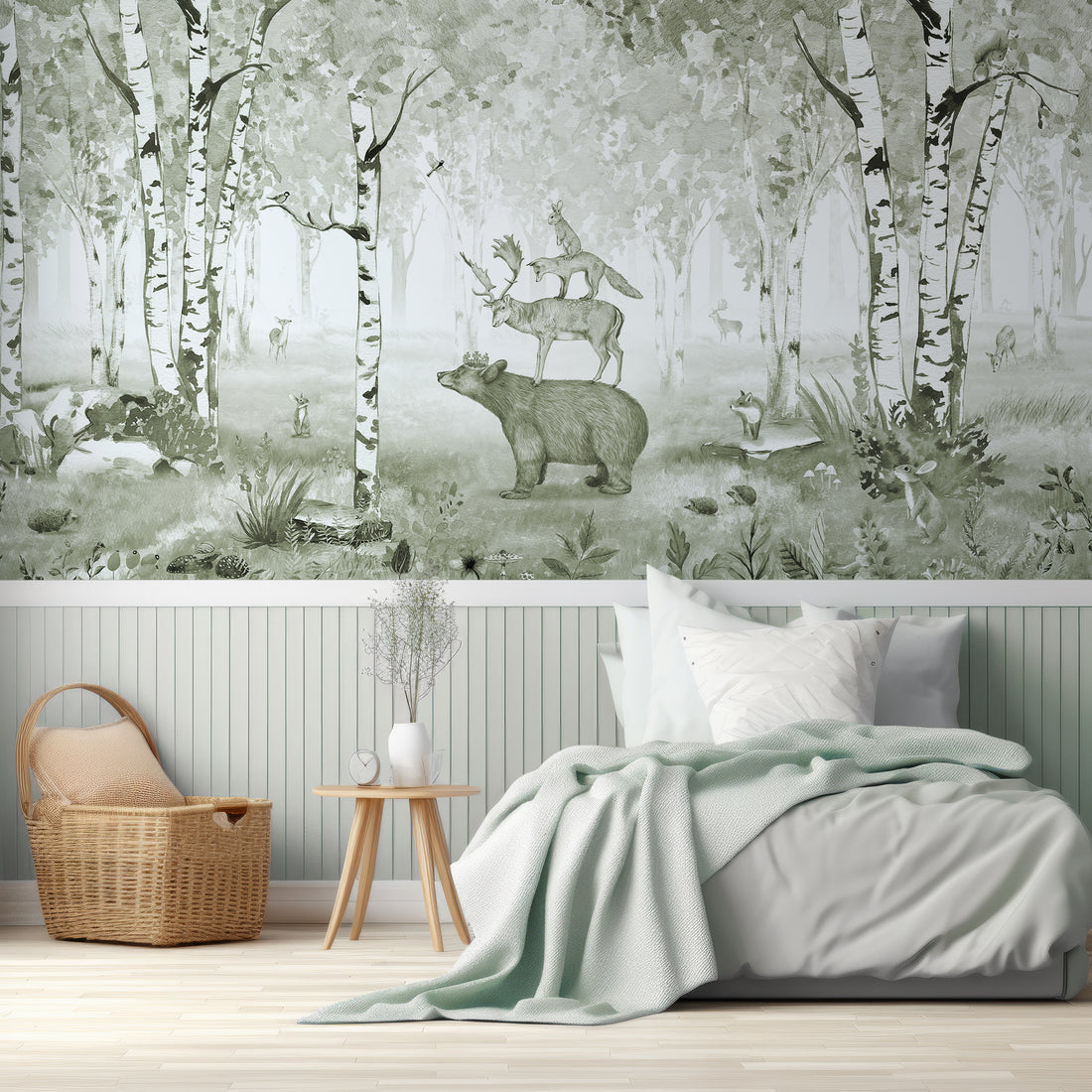 Papier peint panoramique bois aquarelle vert pour enfants - Removable Vinyl (Peel & Stick)