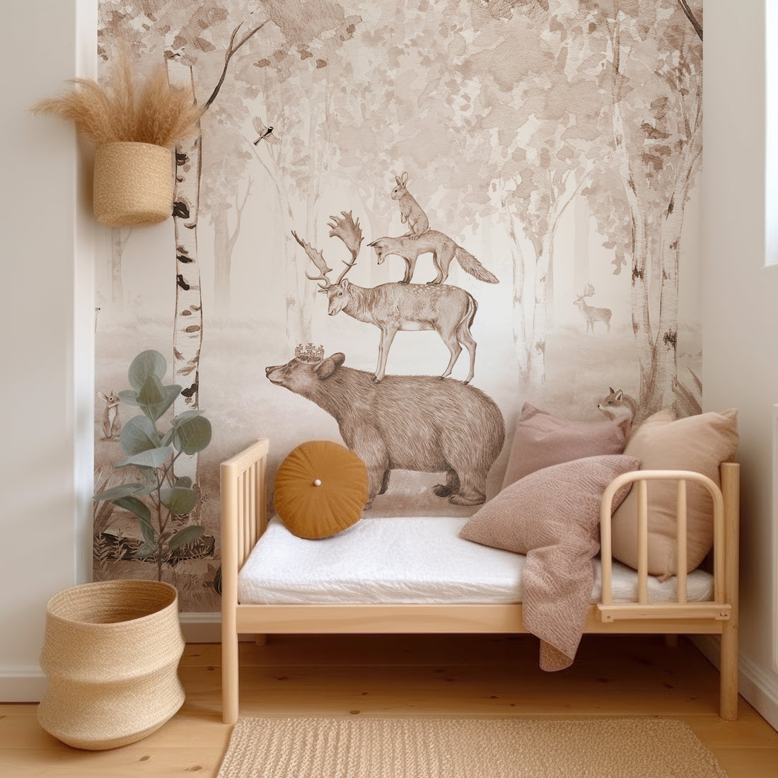 Papier peint panoramique woodland à l'aquarelle marron pour enfants - Removable Wallpaper (Peel & Stick)
