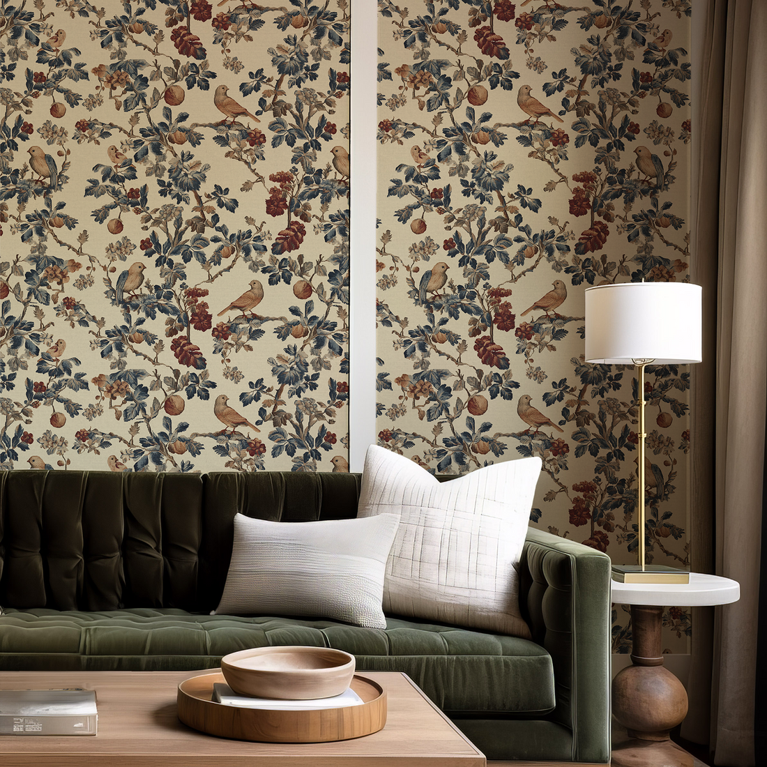 Papier peint mural à motif floral et oiseaux vintage - Removable Wallpaper (Peel & Stick)