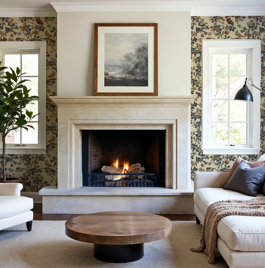 Living room with fireplace, floral wallpaper, and a cozy sofa.