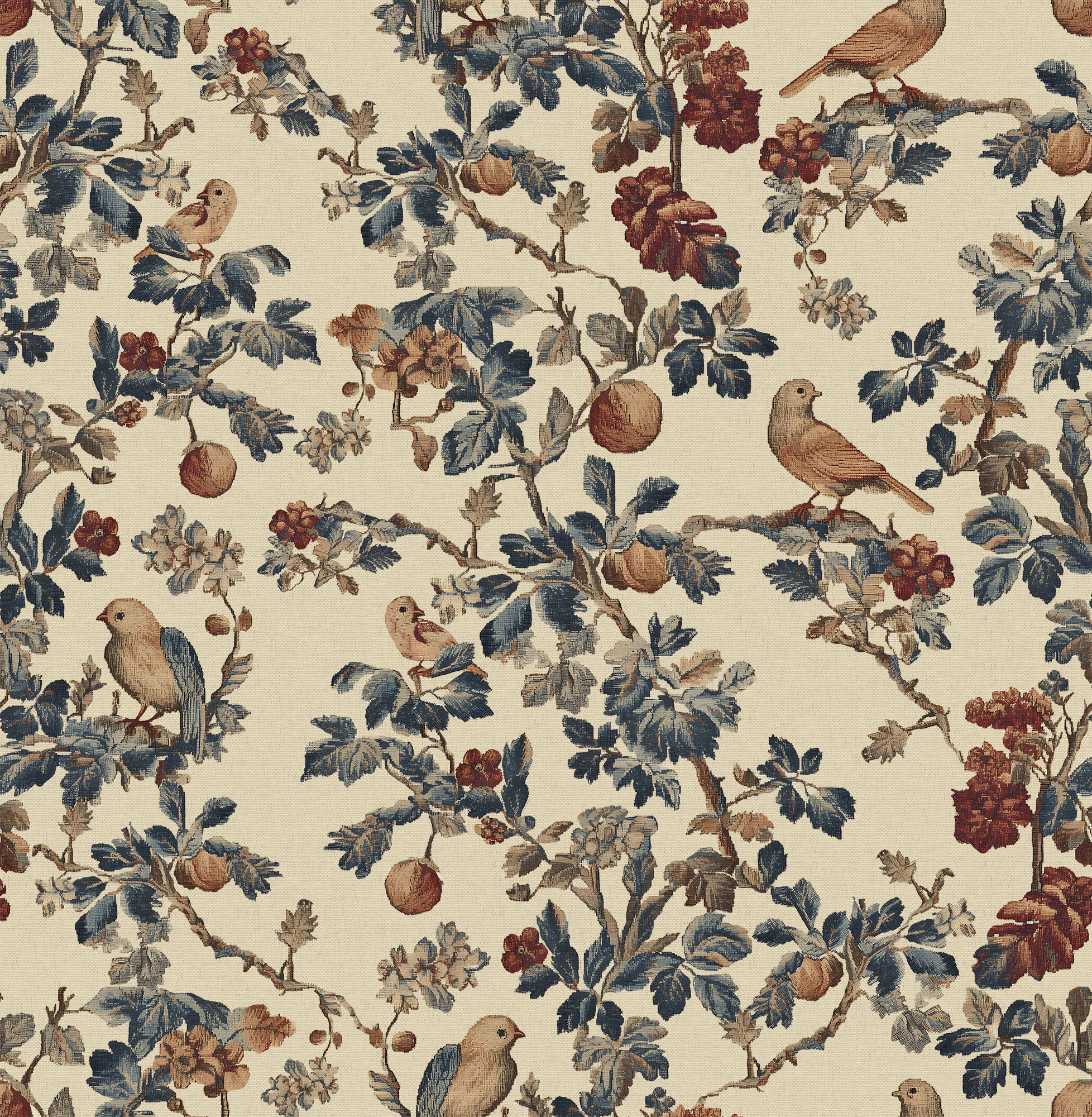 Patterned fabric with birds, flowers, and leaves on a beige background