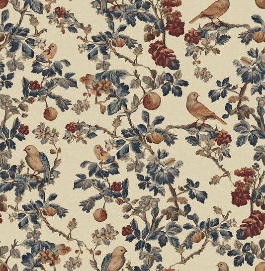 Patterned fabric with birds, flowers, and leaves on a beige background