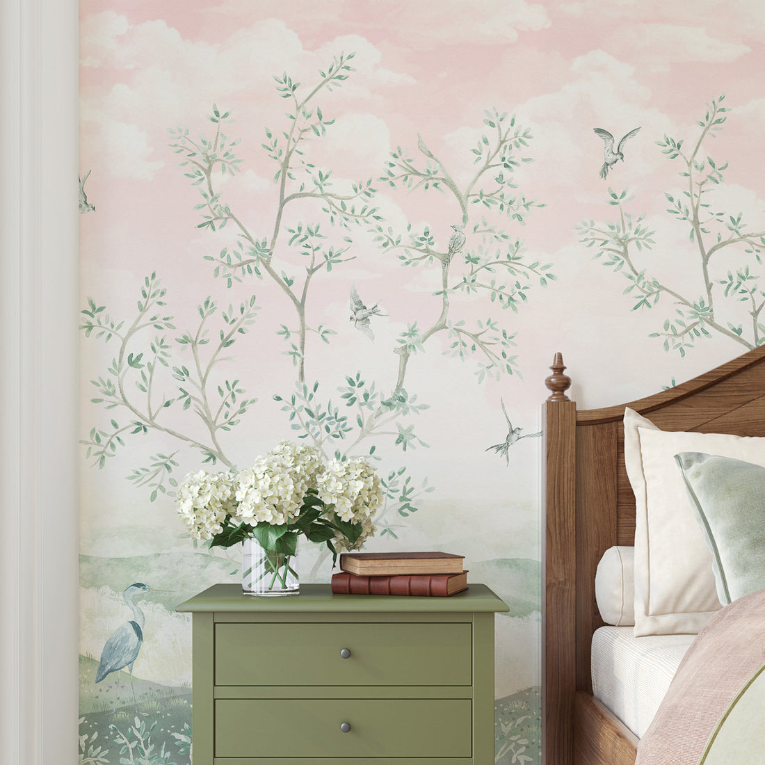 Maeve – Fresque murale : arbres style chinoiserie rose - Traditional Wallpaper (Paste-the-wall)