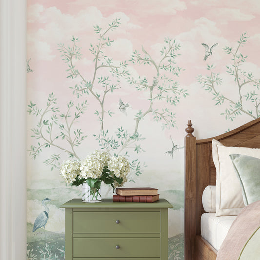 Maeve – Fresque murale : arbres style chinoiserie rose