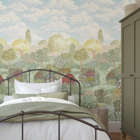 Bedroom with floral-patterned wallpaper, bed, and wardrobe.