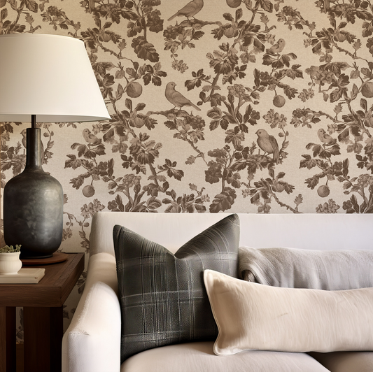 Living room with floral wallpaper, lamp, and sofa with decorative pillows.