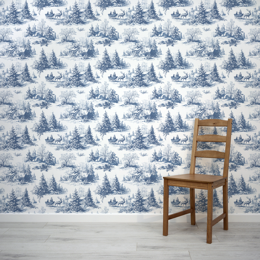 Toile wallpaper the a brown chair 