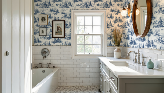 Bathroom with blue and white toile wallpaper, bathtub, sink, and mirror.