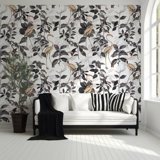 Nera Wallpaper In Living Room With Black Sofa And White Cushions, Cold Lighting, And Green Plant
