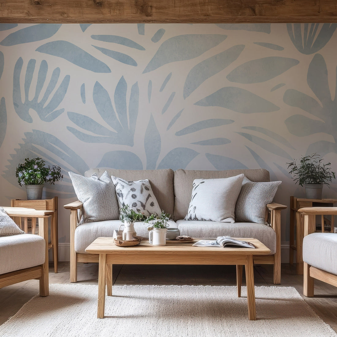 Fleur abstraite aquarelle bleue et blanche - Traditional Wallpaper (Paste-the-wall)