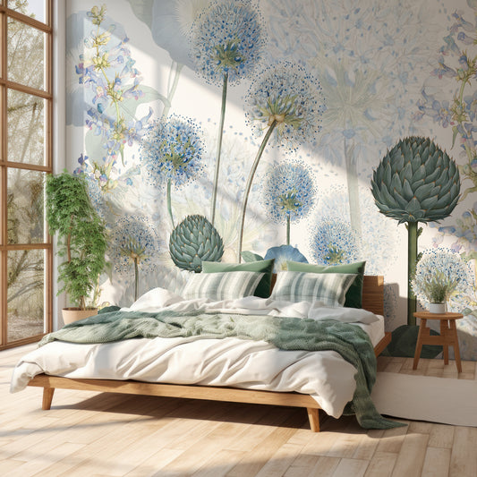 Blue Wild Meadow Wallpaper In Bedroom With Green Bedding On WHite Wooden Bed With Very Tall Windows With Light SHining Through