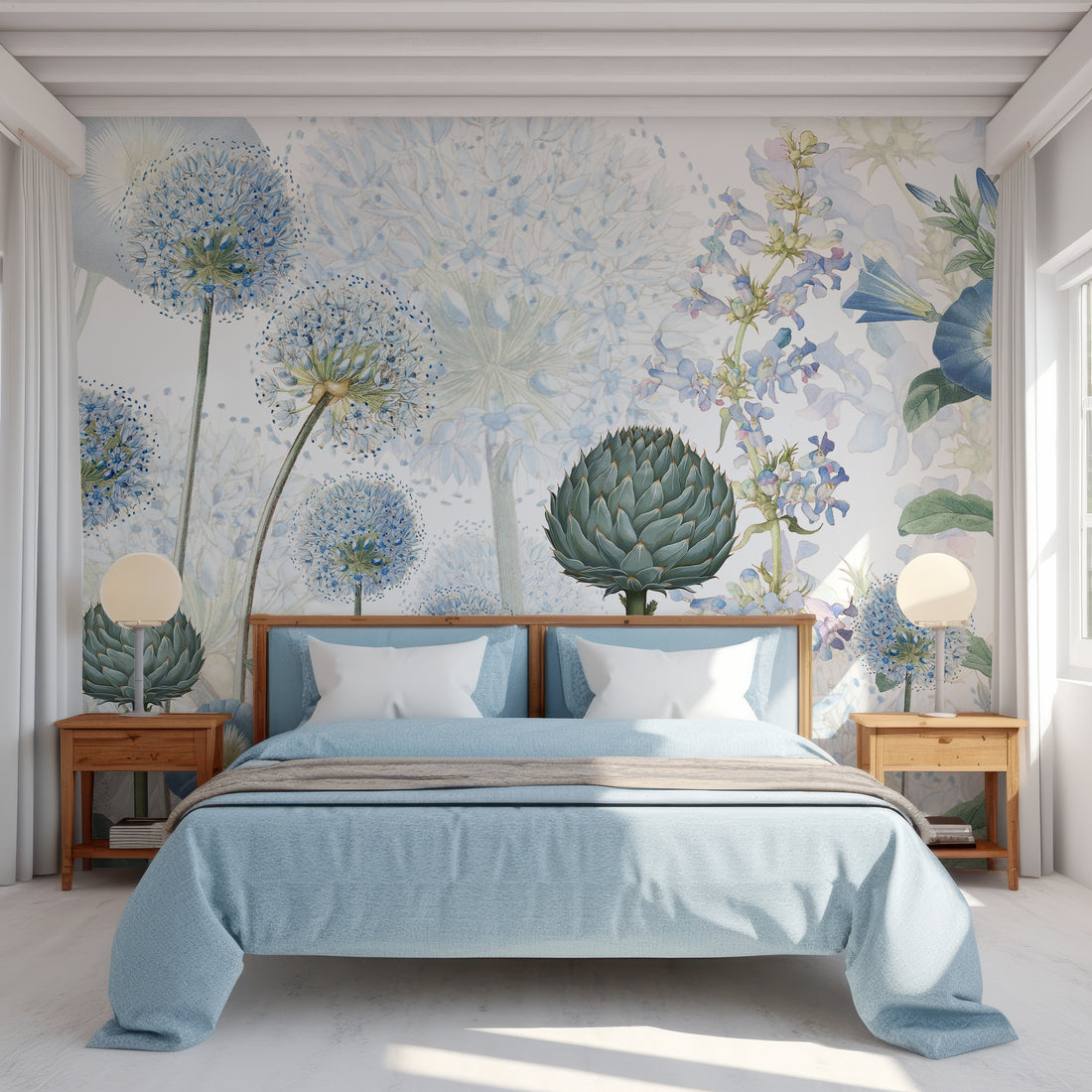 Papier Peint Panoramique Floral Aquarelle Bleu, Vert et Blanc - Removable Wallpaper (Peel & Stick)