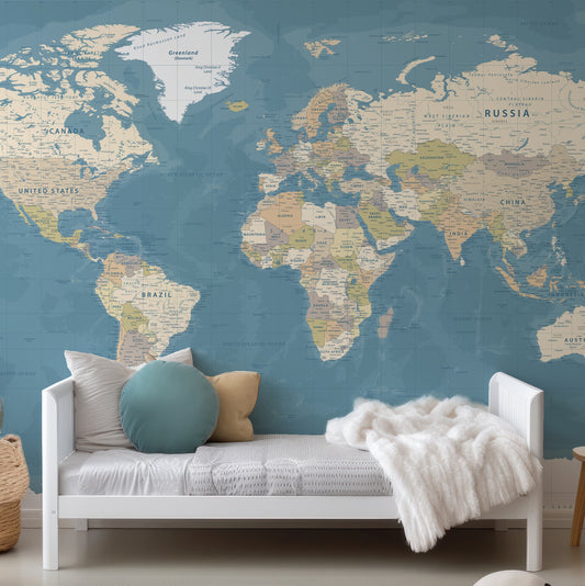 Blue Wolrd Map Wallpaper In Child's Bedroom With White Bedroom And Circular Cushions
