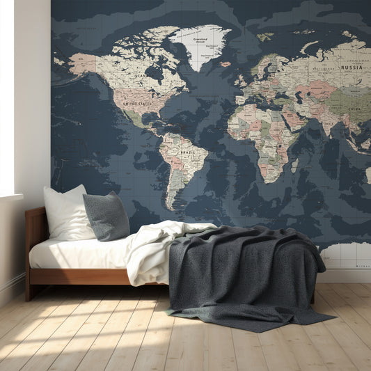 Blue World Map Wallpaper Dark In Children's Bedroom With Wooden Bed and White And Dark Green Blankets