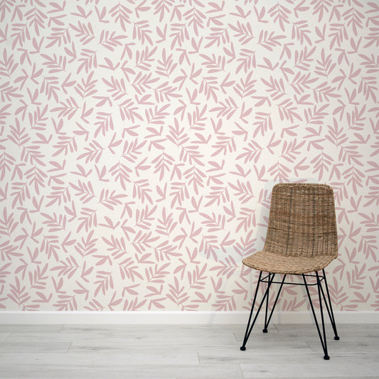 Blush Breeze Neutral Pink Leaves Pattern with Rattan Chair