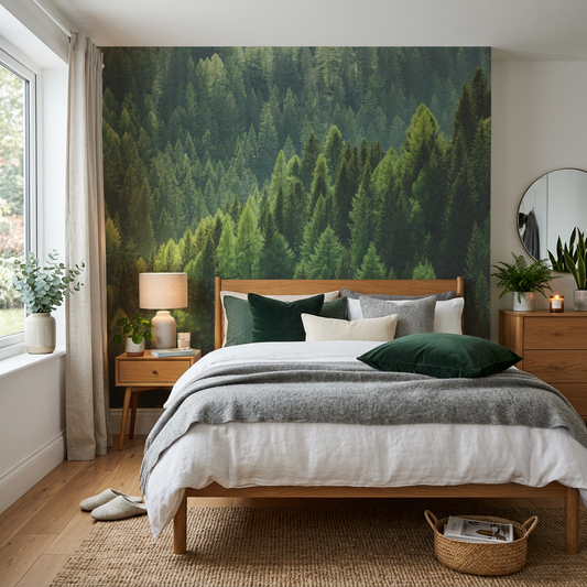 Bostep in cosy Scandinavian bedroom interior with wooden furniture and deep green pillows
