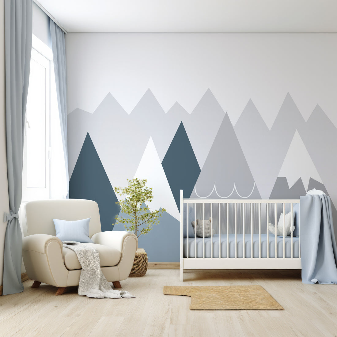Papier Peint Panoramique Montagne Bleu et Gris - Removable Wallpaper (Peel & Stick)