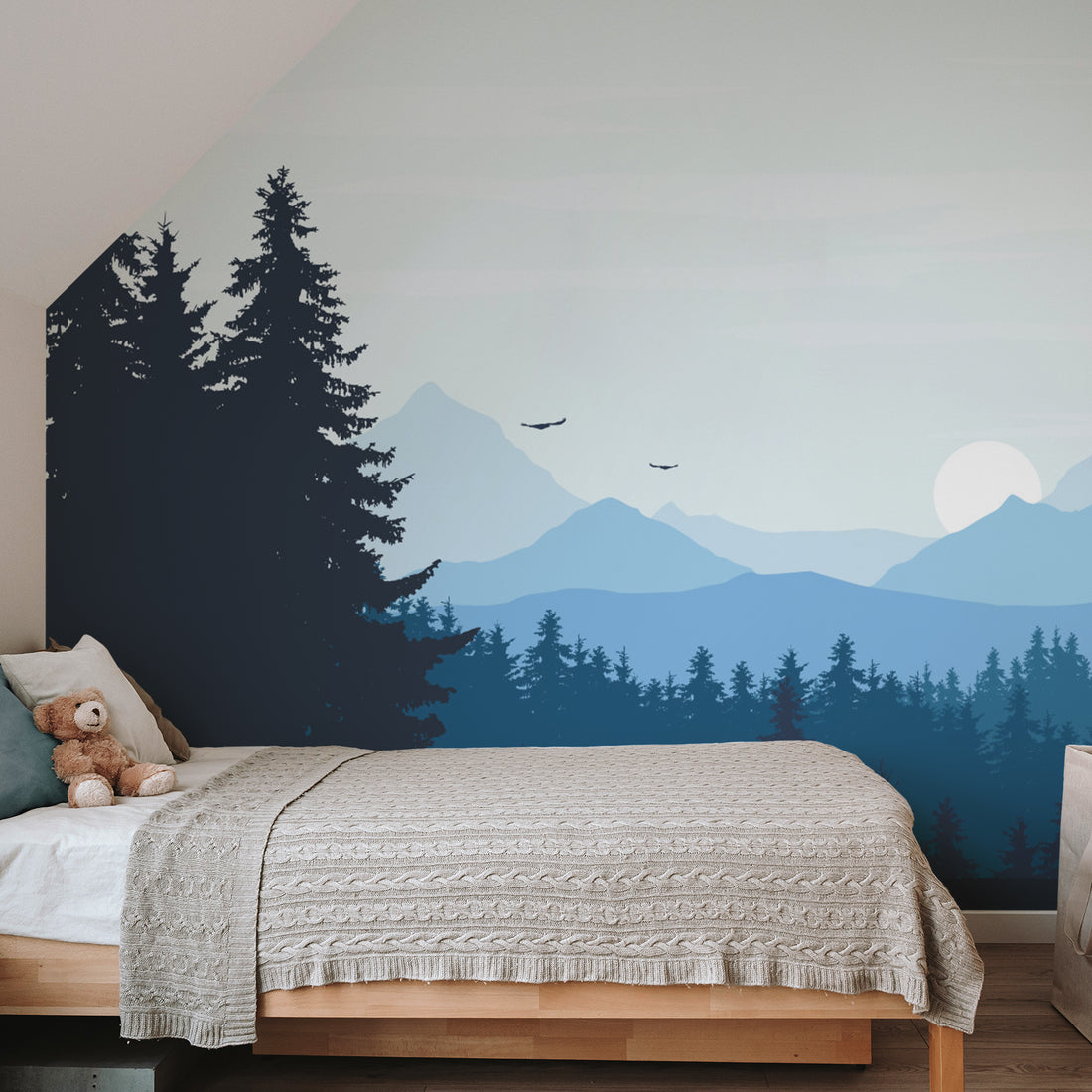 Papier Peint Panoramique Forêt Bleue et Montagnes Lointaines - Removable Wallpaper (Peel & Stick)
