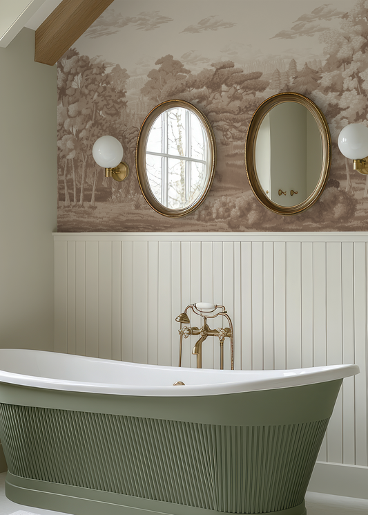 Bathroom with a green freestanding bathtub, gold fixtures, and wall mirrors.