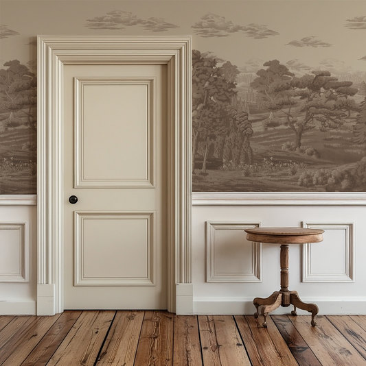 Room interior with a door, wooden table, and wall with landscape mural.