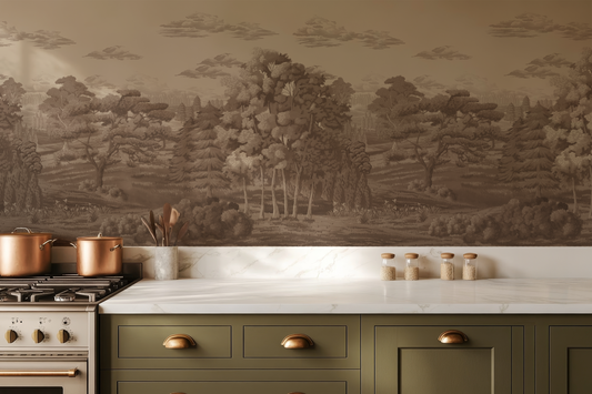 Kitchen with green cabinets, white countertop, and decorative wall mural.