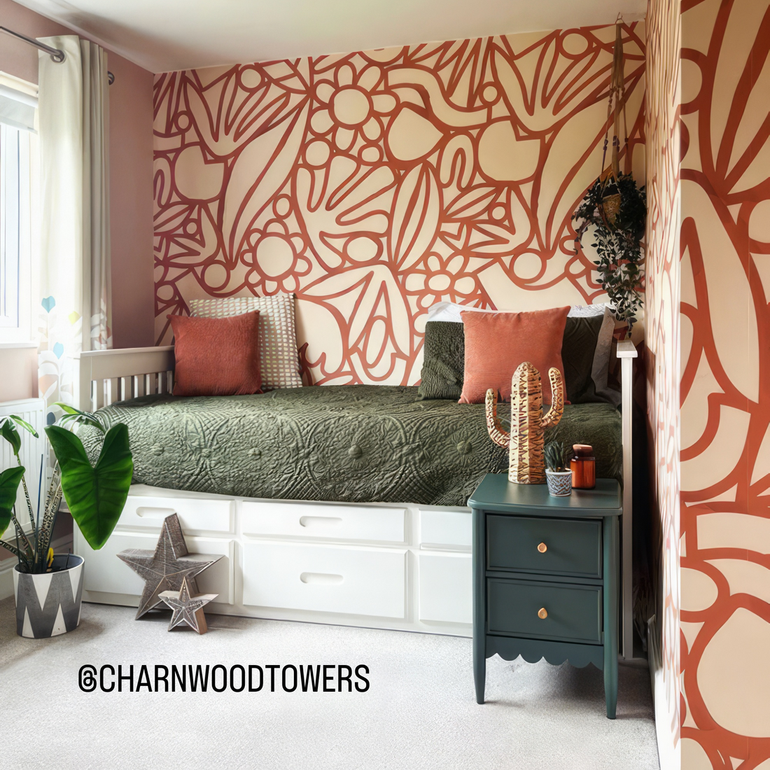 Papier Peint Panoramique Doodle Floral Orange - Removable Wallpaper (Peel & Stick)