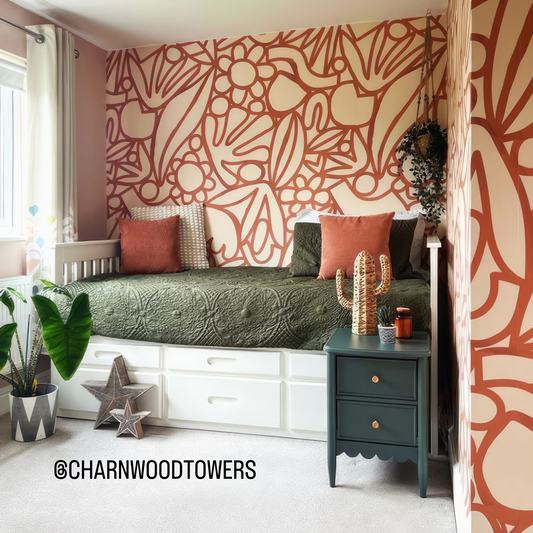 Freya Ornage and Cream Doodle Wallpaper In Bedroom With Green, White and Orange Interior